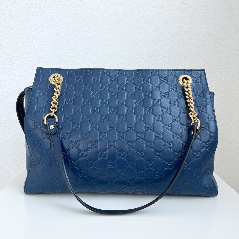 Gucci Blue Soft Signature Shoulder Bag Guccissima Leather Large